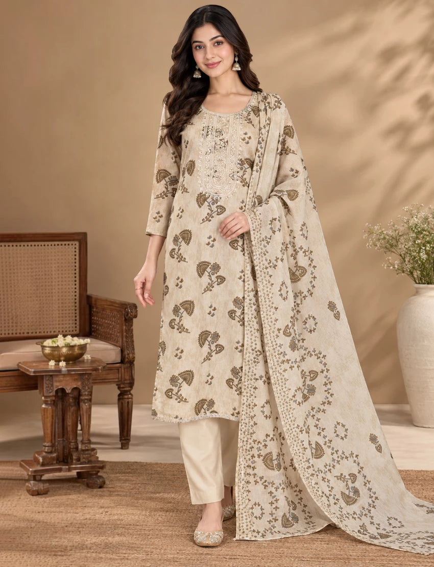 Cotton Salwar Suit Set with Neck Embroidery - Beige
