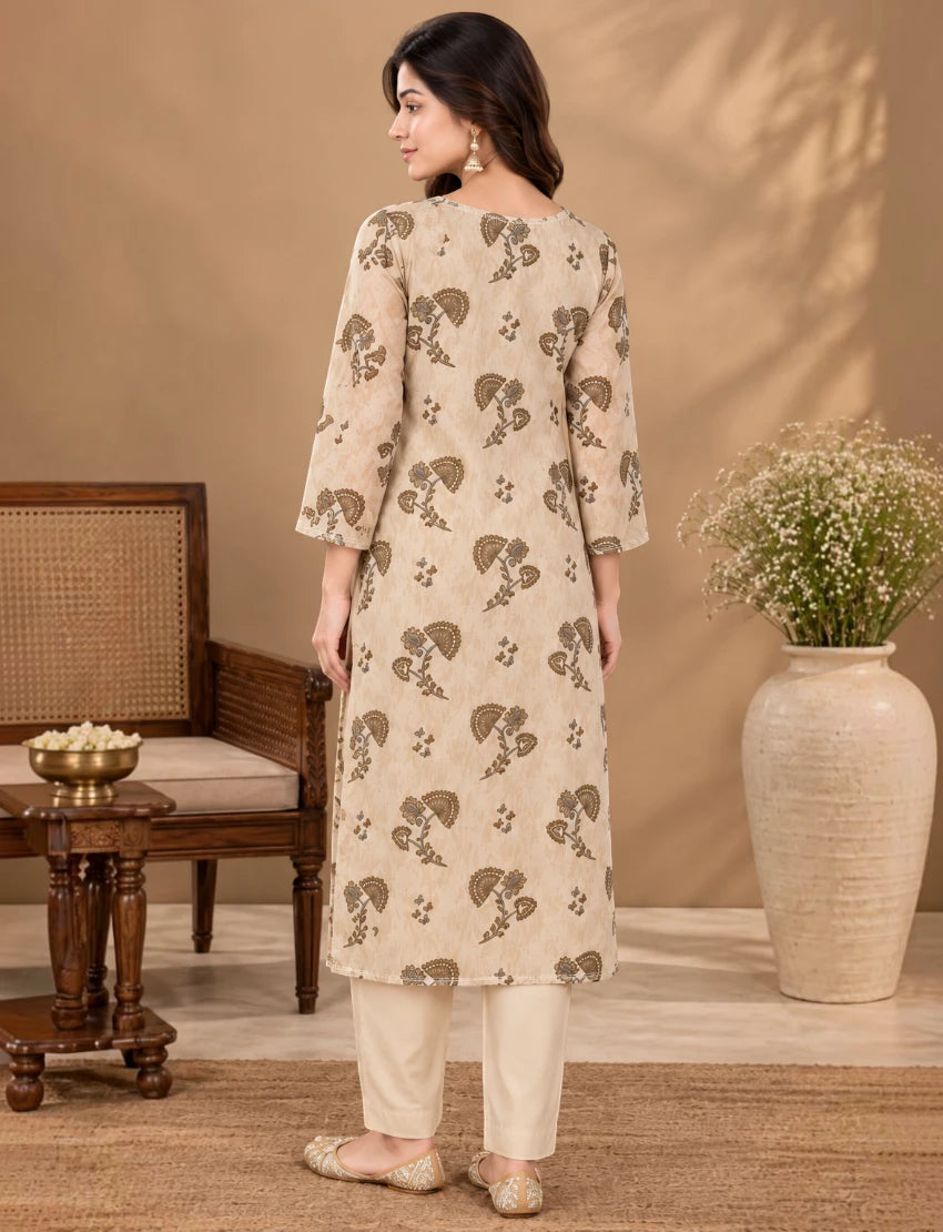 Cotton Salwar Suit Set with Neck Embroidery - Beige