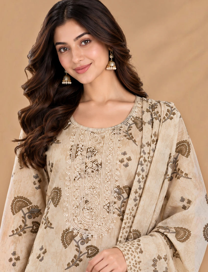 Cotton Salwar Suit Set with Neck Embroidery - Beige