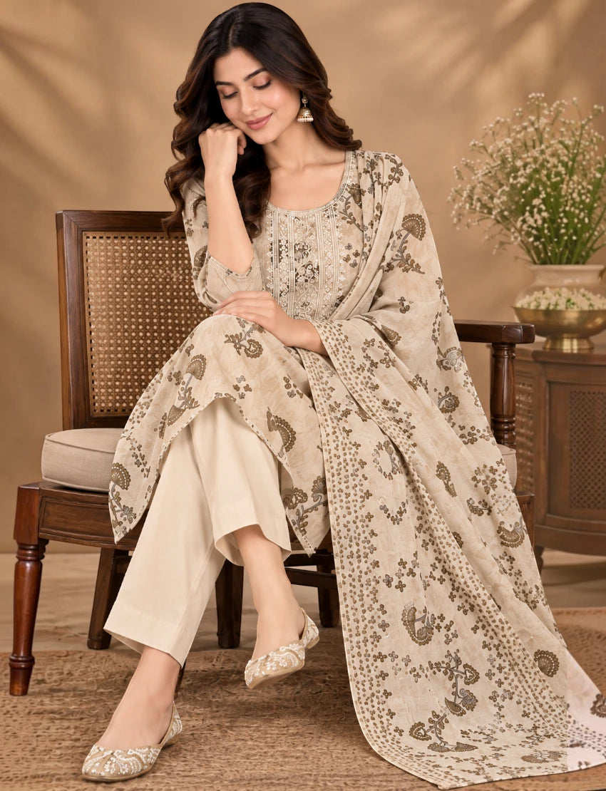 Cotton Salwar Suit Set with Neck Embroidery - Beige