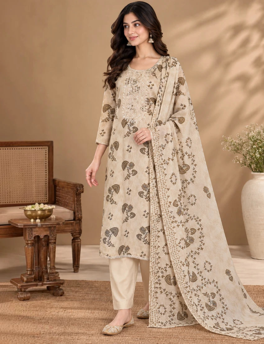 Cotton Salwar Suit Set with Neck Embroidery - Beige