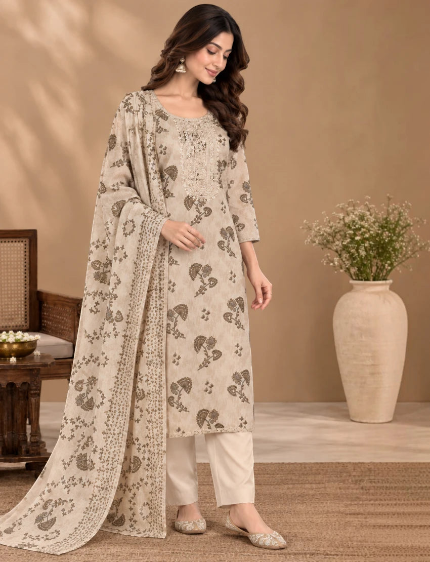 Cotton Salwar Suit Set with Neck Embroidery - Beige
