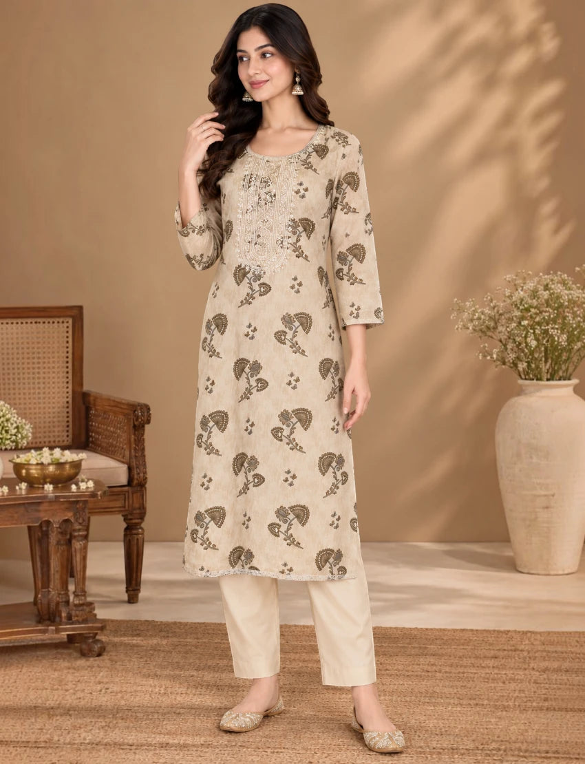 Cotton Salwar Suit Set with Neck Embroidery - Beige