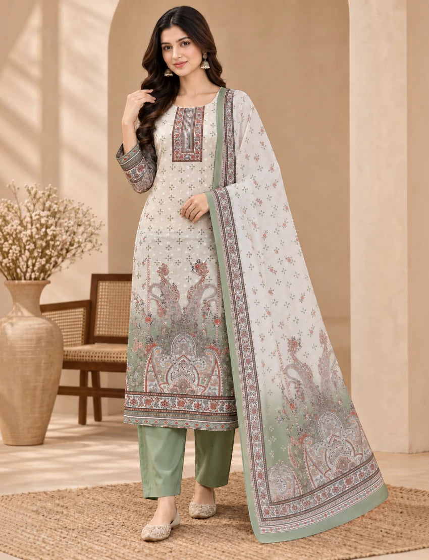 Printed Salwar Suit Set with Dupatta for Women (embroidered kurta - Green)