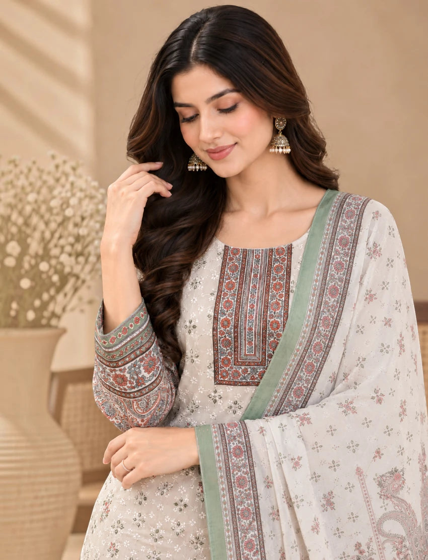 Printed Salwar Suit Set with Dupatta for Women (embroidered kurta - Green)