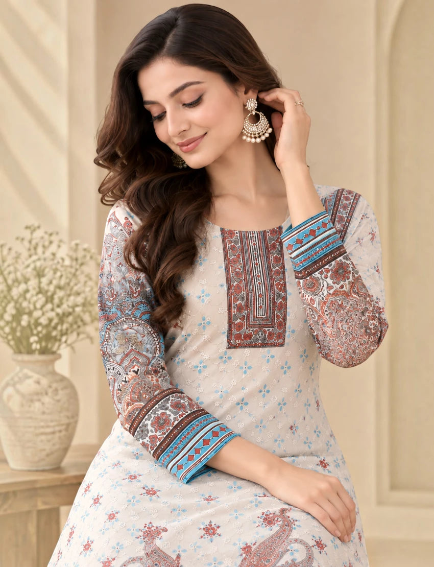 Printed Salwar Suit Set with Dupatta for Women (embroidered kurta - Sky blue)