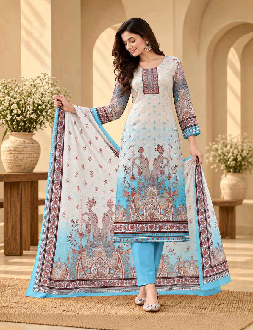 Printed Salwar Suit Set with Dupatta for Women (embroidered kurta - Sky blue)