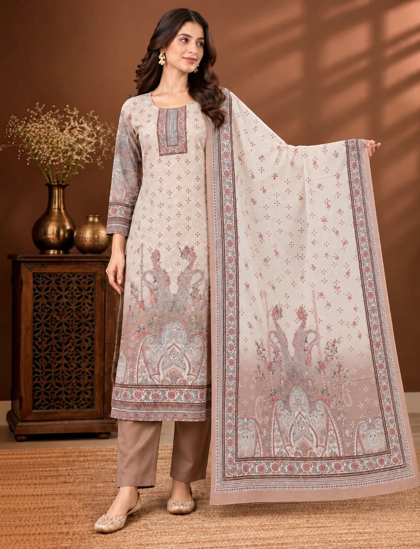 Printed Salwar Suit Set with Dupatta for Women (embroidered kurta - brown)