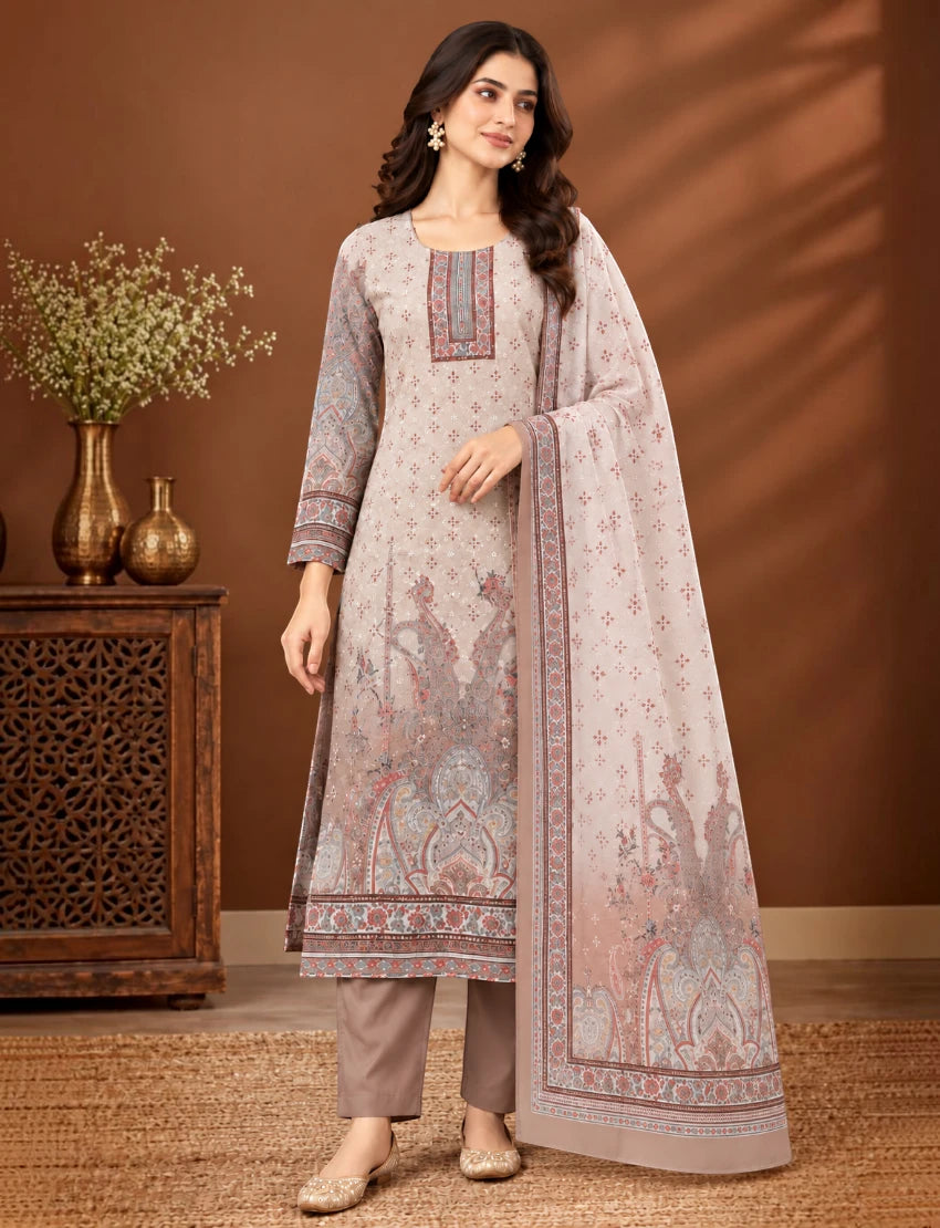 Printed Salwar Suit Set with Dupatta for Women (embroidered kurta - brown)