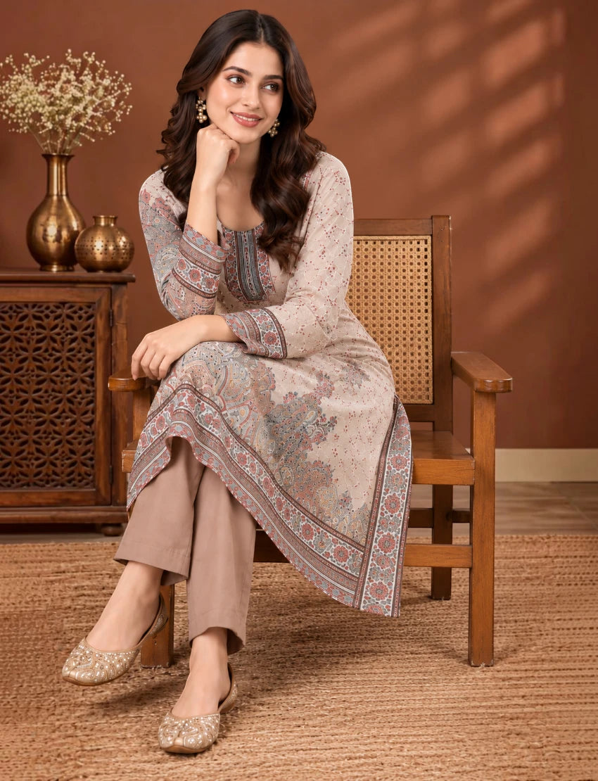 Printed Salwar Suit Set with Dupatta for Women (embroidered kurta - brown)