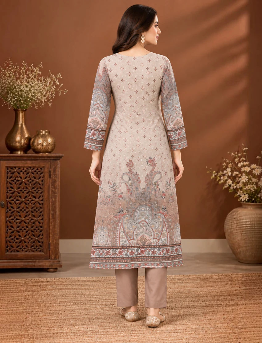 Printed Salwar Suit Set with Dupatta for Women (embroidered kurta - brown)