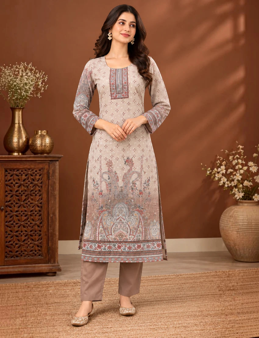 Printed Salwar Suit Set with Dupatta for Women (embroidered kurta - brown)