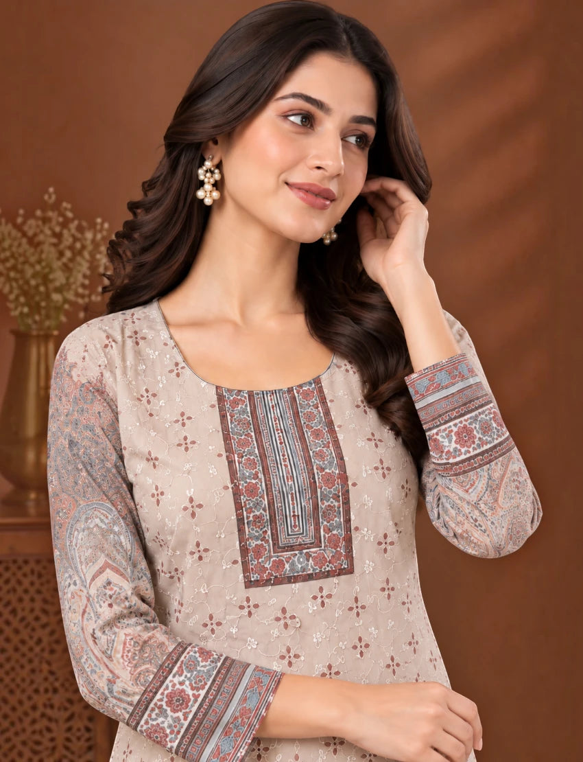 Printed Salwar Suit Set with Dupatta for Women (embroidered kurta - brown)