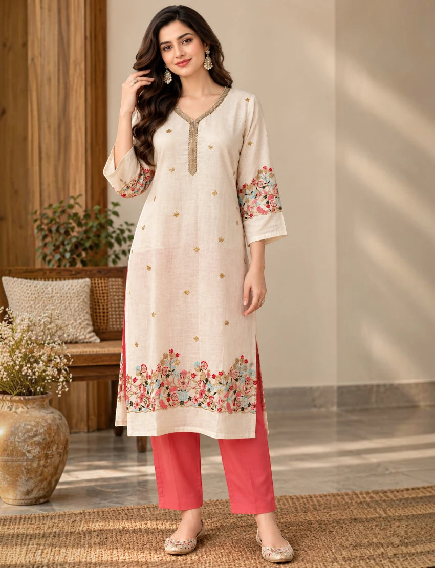 Off White Cotton Embroidered Salwar Suit Set