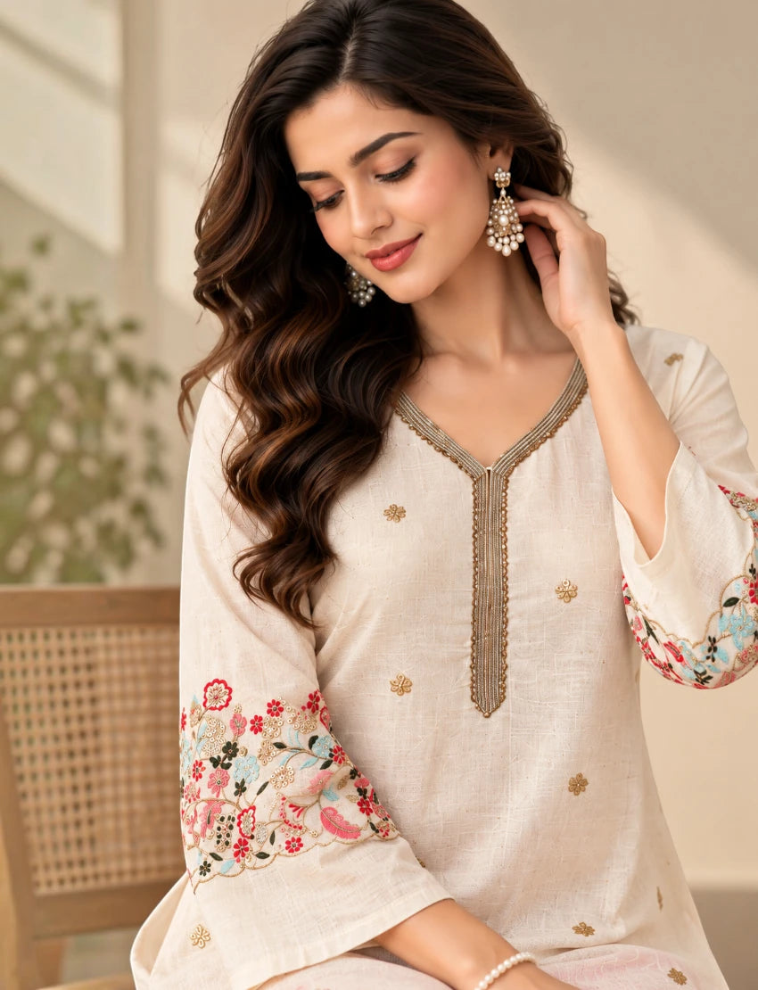 Off White Cotton Embroidered Salwar Suit Set