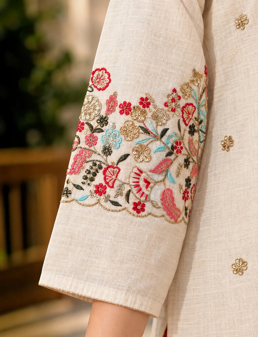 Off White Cotton Embroidered Salwar Suit Set