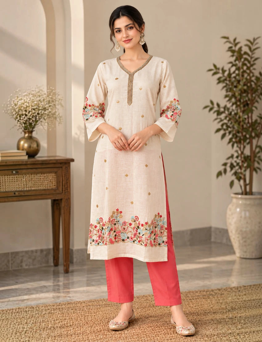 Off White Cotton Embroidered Salwar Suit Set