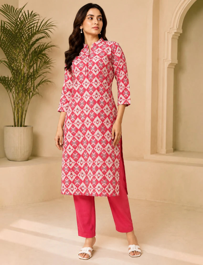 Red Cotton Straight Kurta Set
