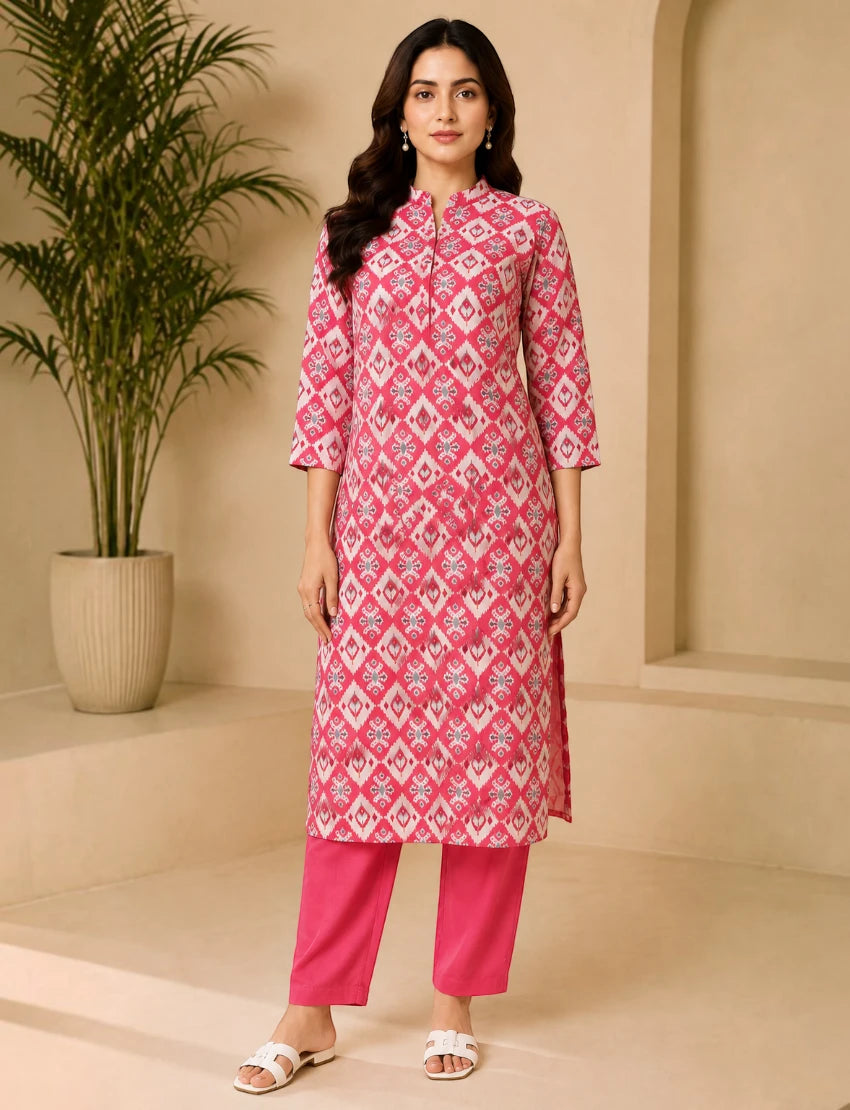 Red Cotton Straight Kurta Set