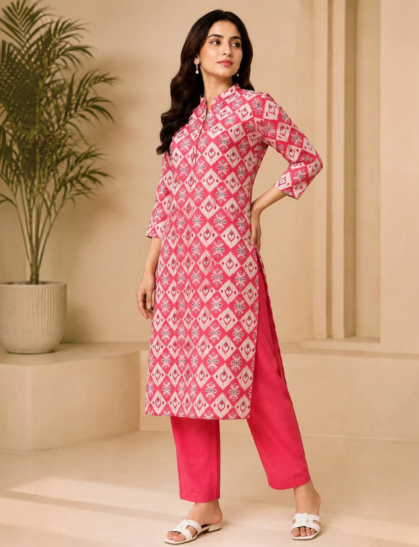 Red Cotton Straight Kurta Set