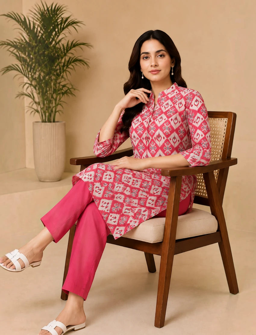 Red Cotton Straight Kurta Set