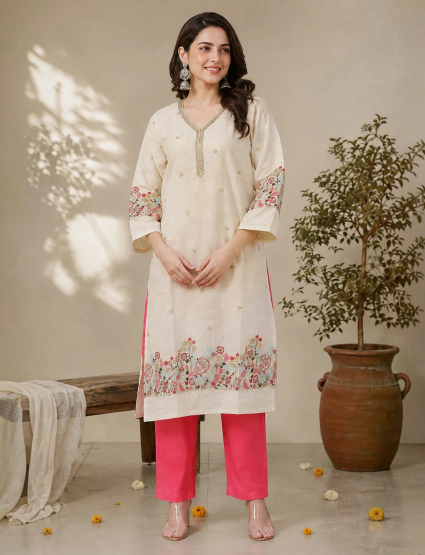 Off White Cotton Embroidered Salwar Suit Set