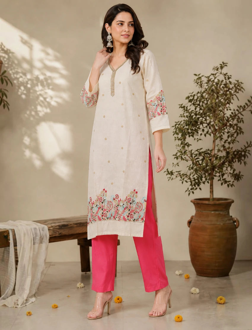 Off White Cotton Embroidered Salwar Suit Set