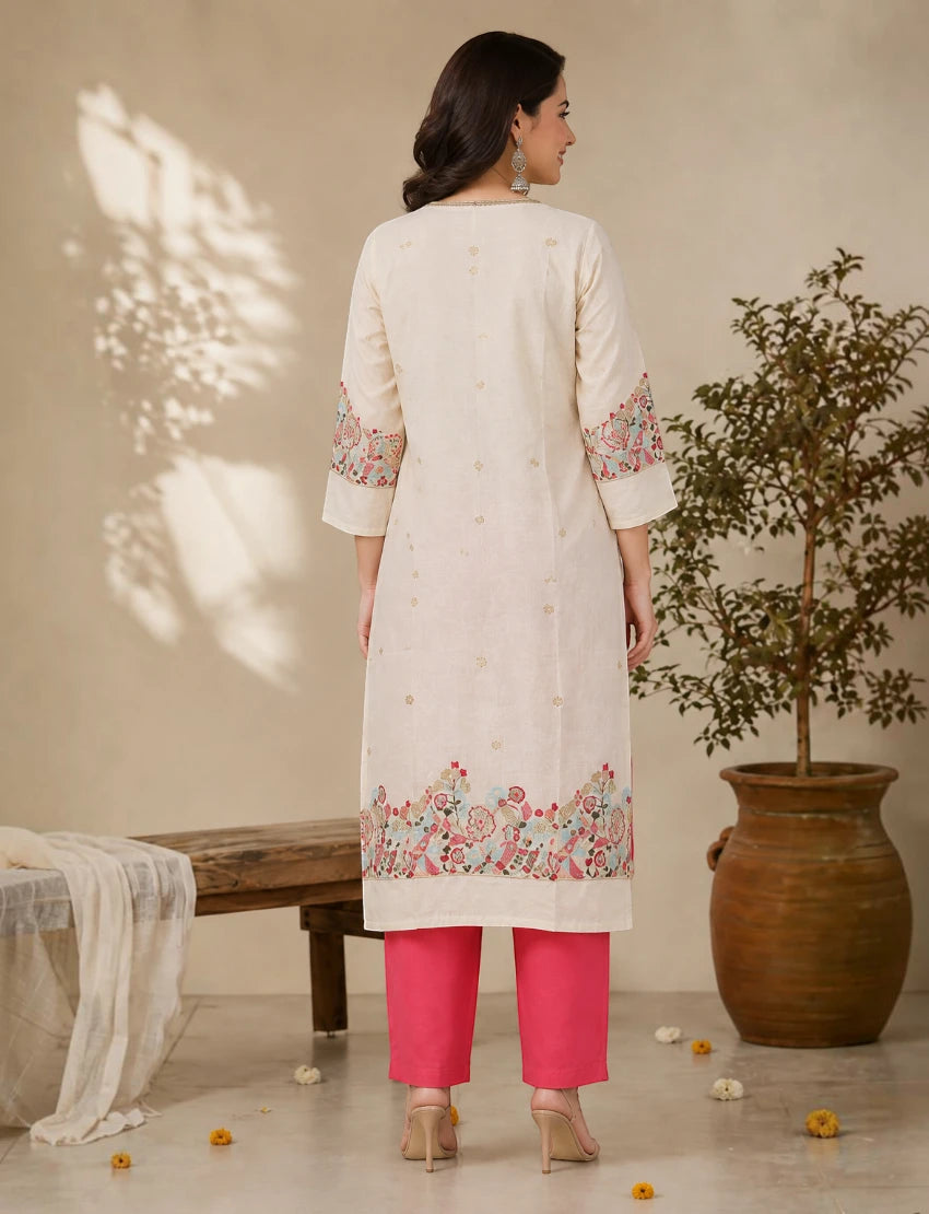 Off White Cotton Embroidered Salwar Suit Set