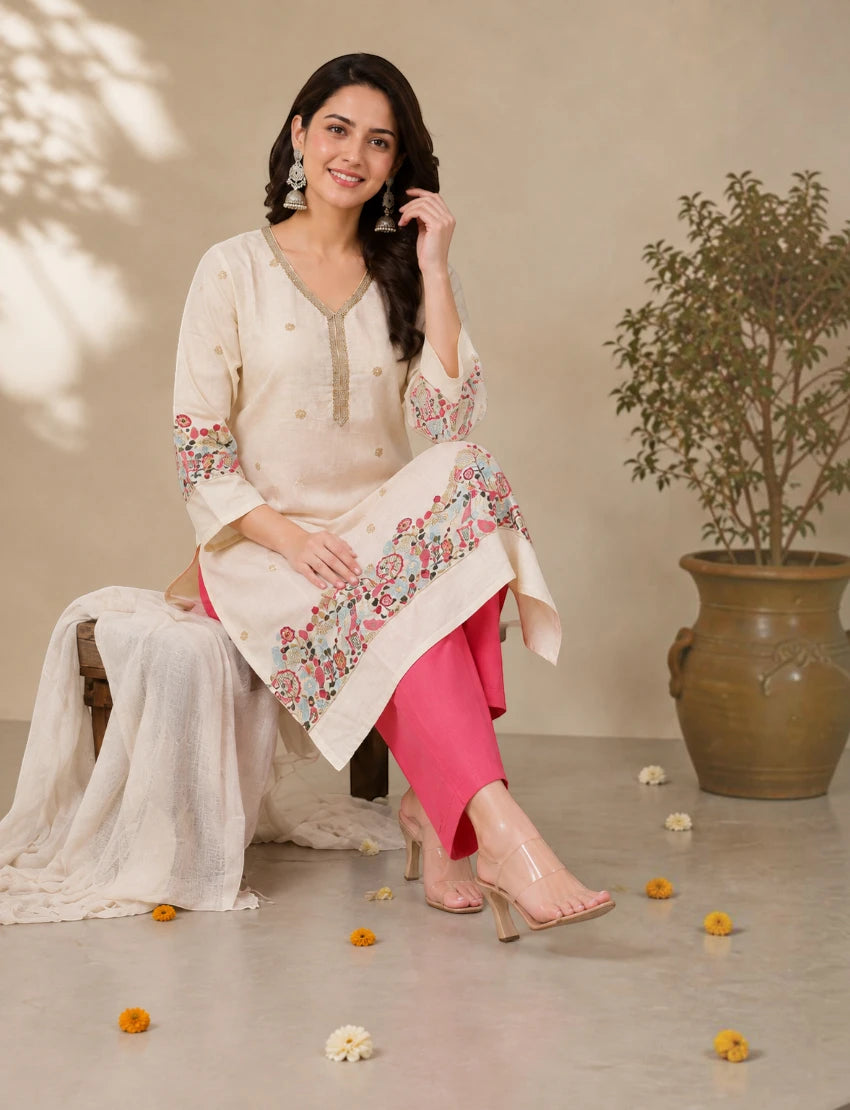Off White Cotton Embroidered Salwar Suit Set