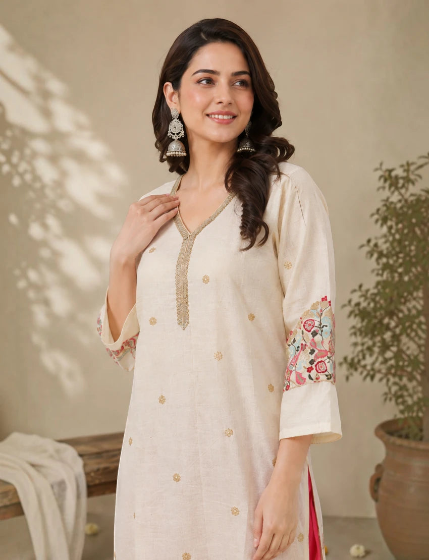 Off White Cotton Embroidered Salwar Suit Set