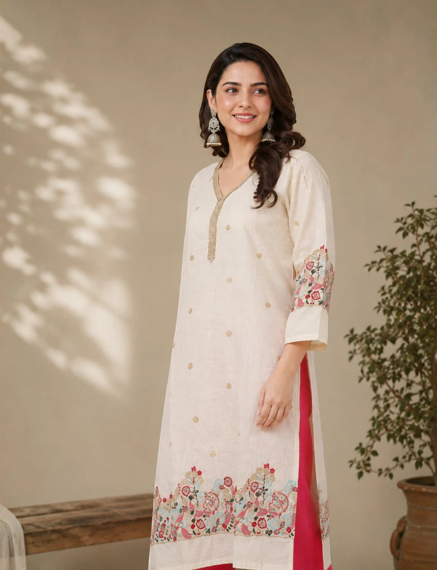 Off White Cotton Embroidered Salwar Suit Set