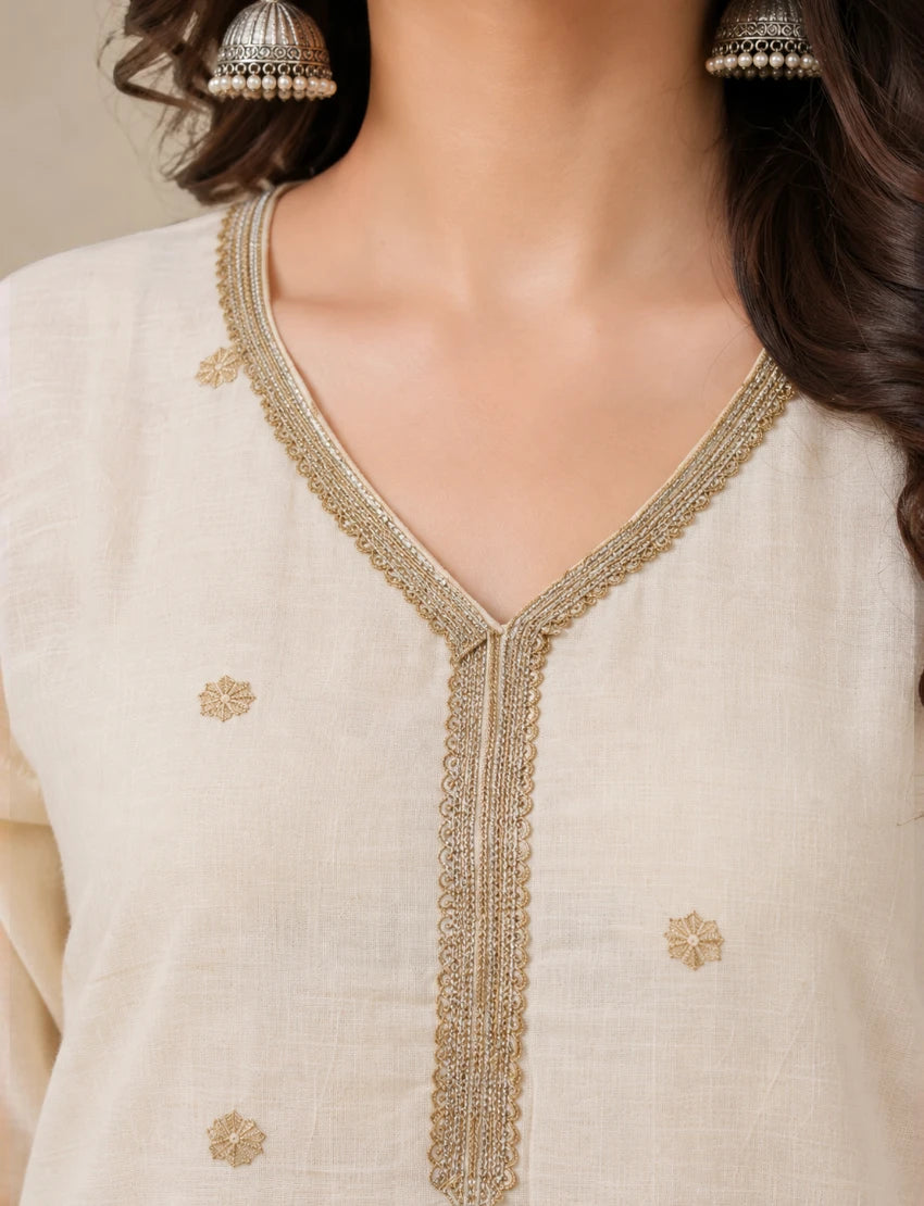Off White Cotton Embroidered Salwar Suit Set
