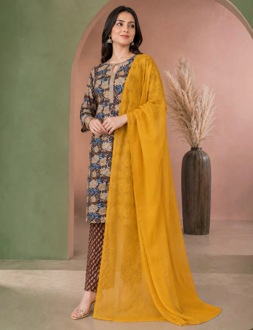 Brown Cotton Salwar Suit Set with Dupatta