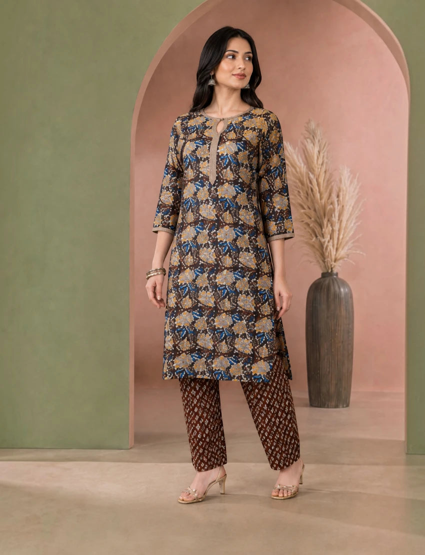 Brown Cotton Salwar Suit Set with Dupatta