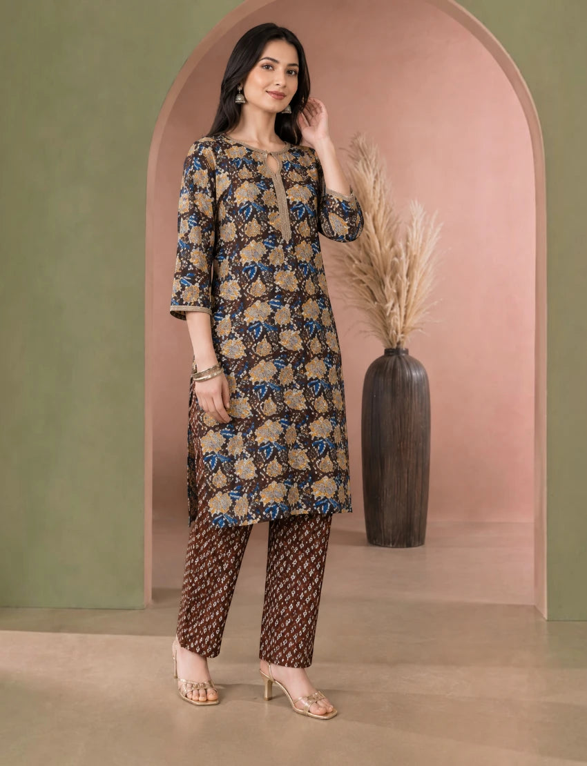 Brown Cotton Salwar Suit Set with Dupatta