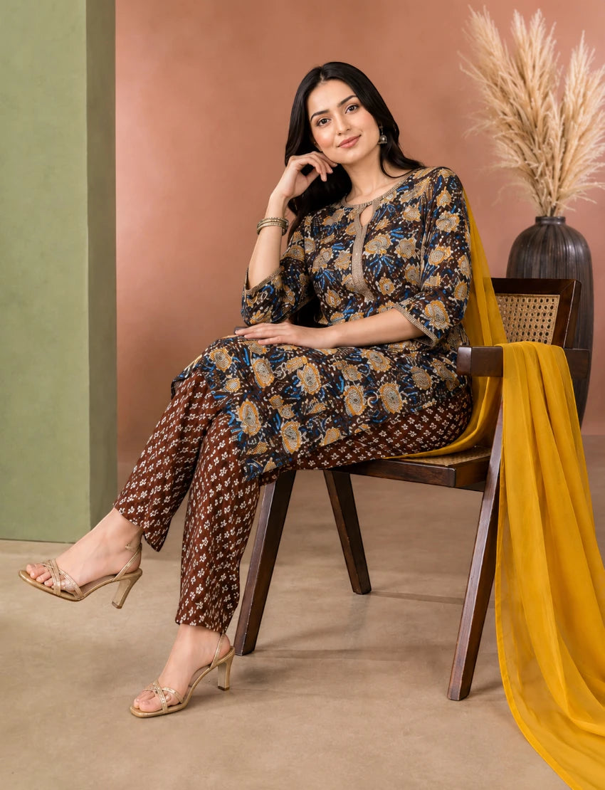 Brown Cotton Salwar Suit Set with Dupatta