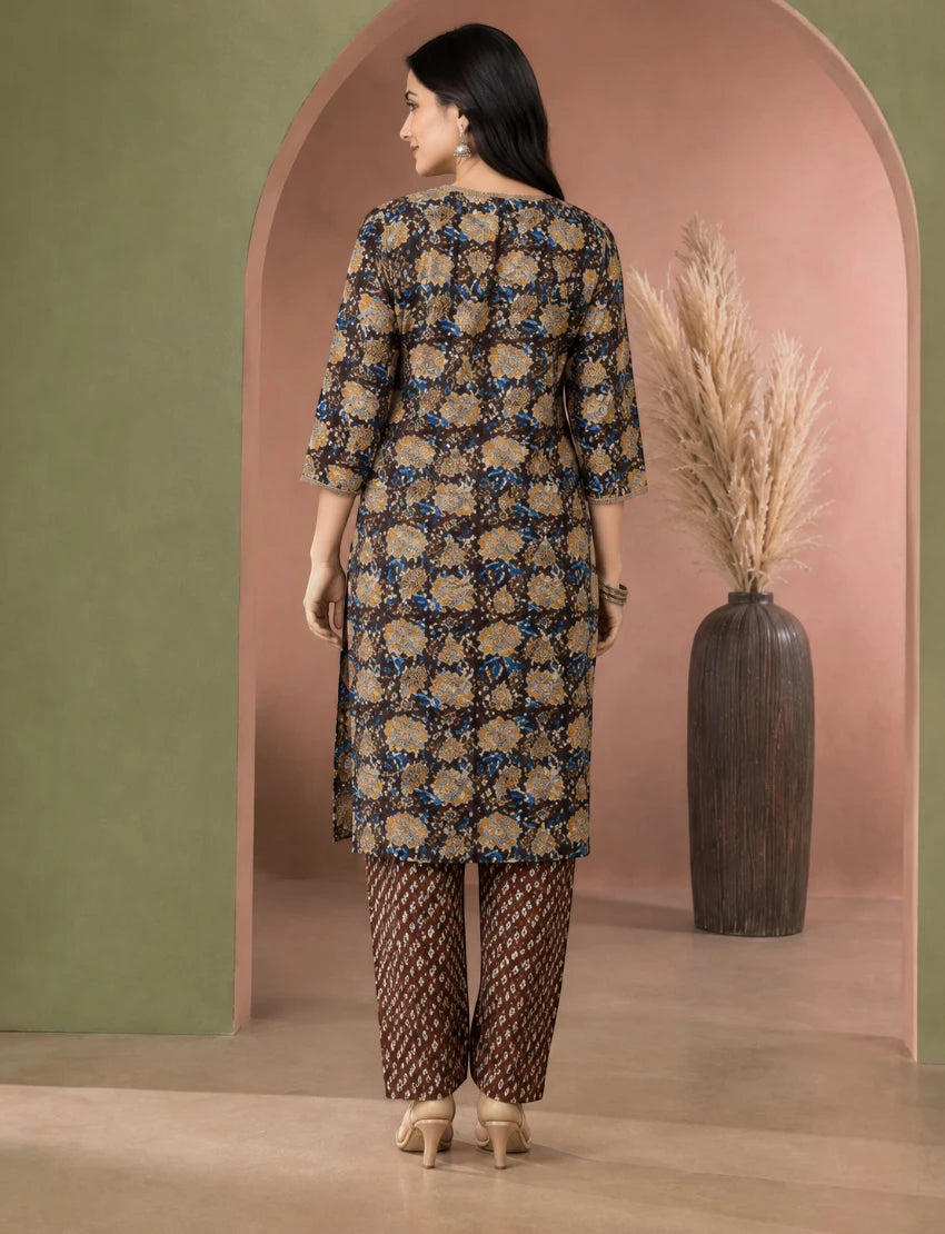 Brown Cotton Salwar Suit Set with Dupatta
