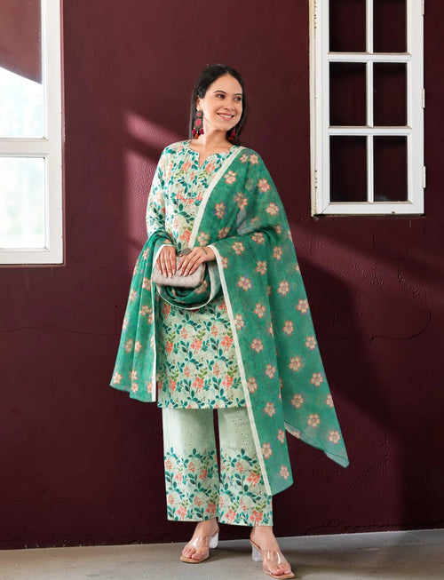 Green Cotton Chikankari Salwar Suit Set