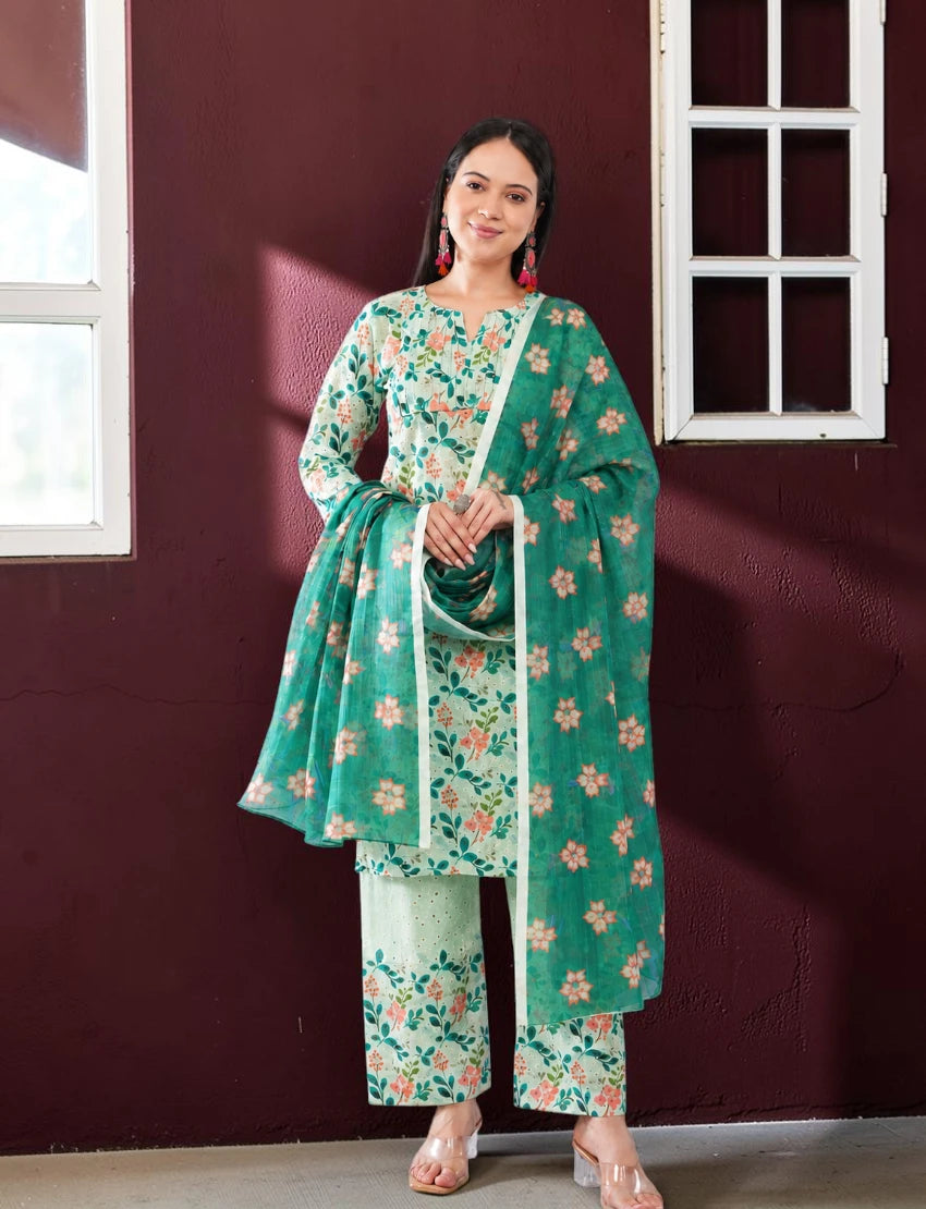 Green Cotton Chikankari Salwar Suit Set