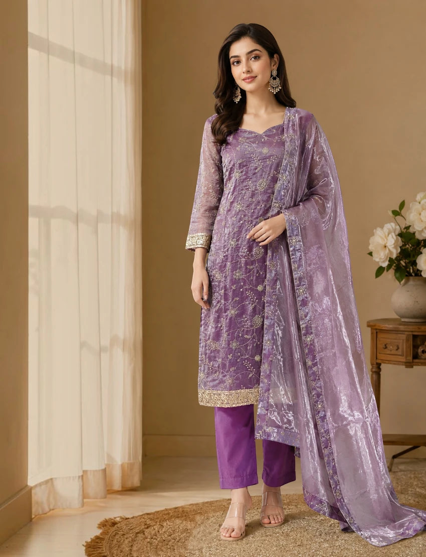 Women’s Lavender Floral Embroidered Kurta Set