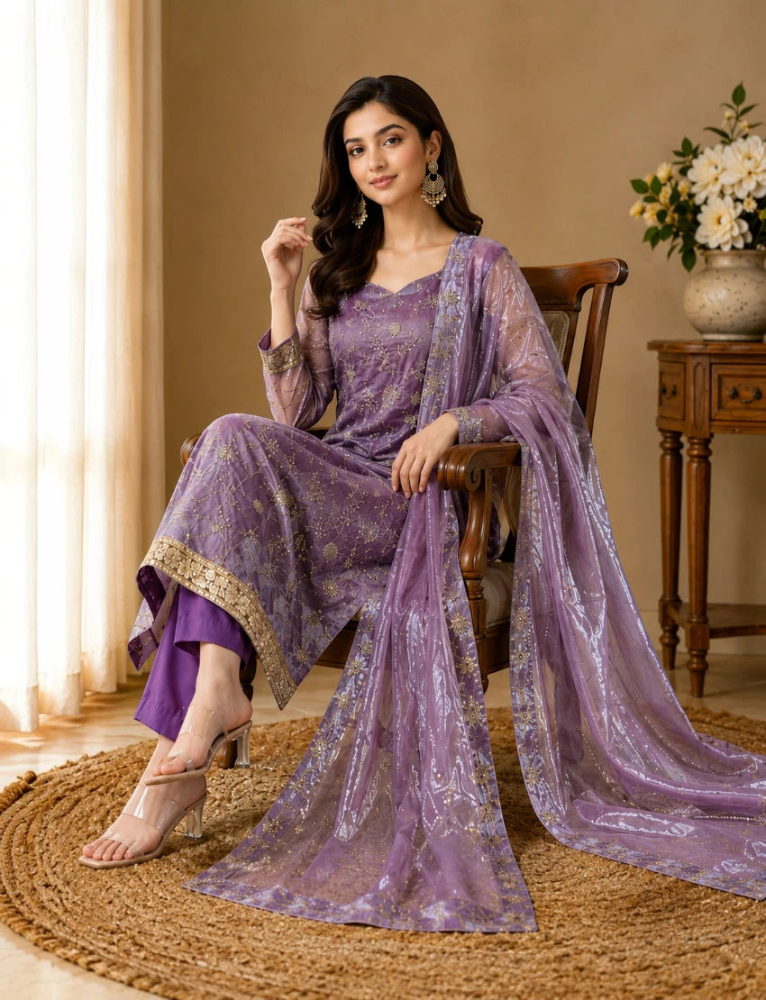 Women’s Lavender Floral Embroidered Kurta Set