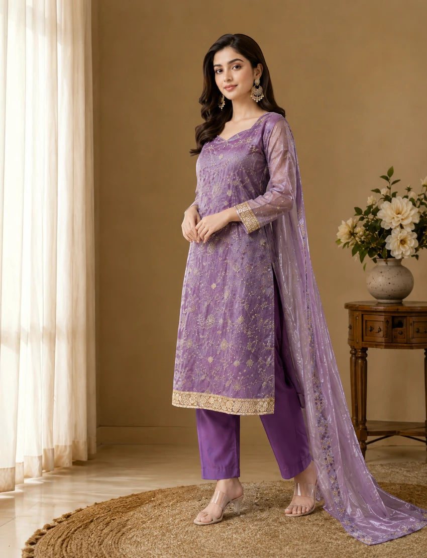 Women’s Lavender Floral Embroidered Kurta Set