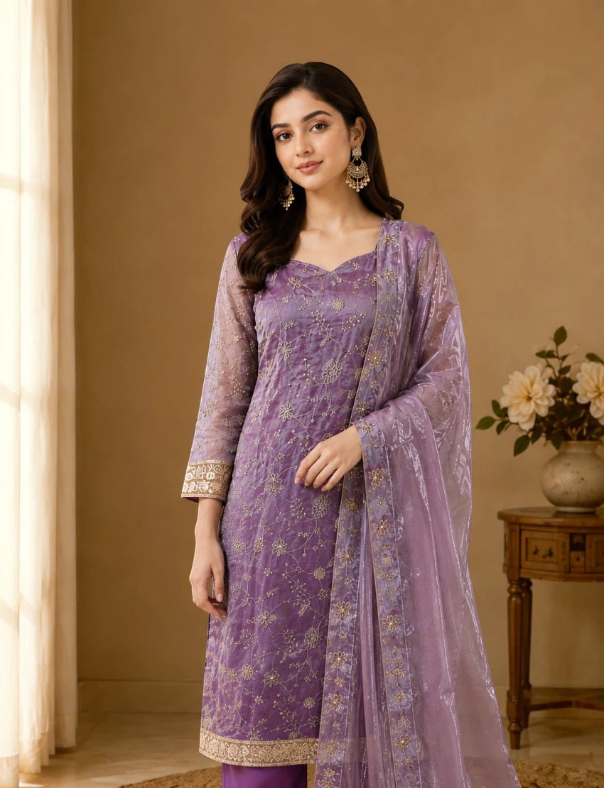 Women’s Lavender Floral Embroidered Kurta Set