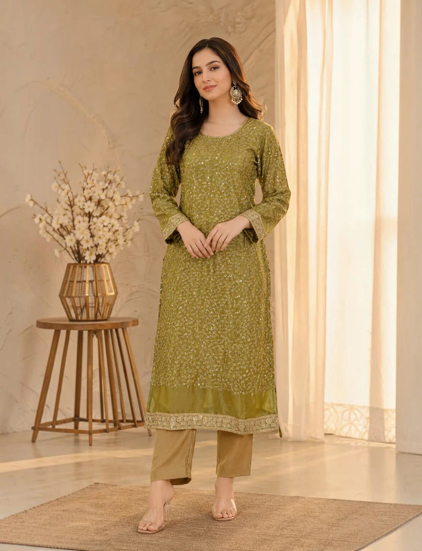 Olive Green Embroidered Long Sleeves Kurta Set