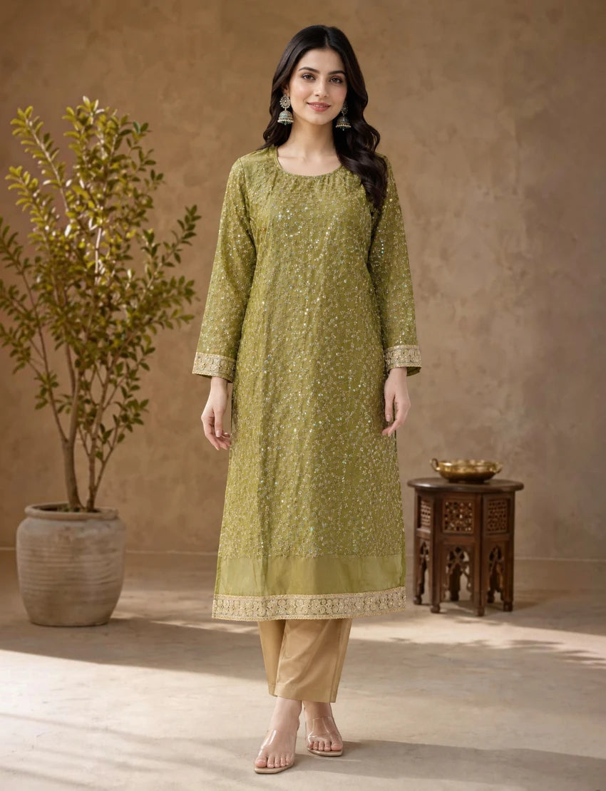 Olive Green Embroidered Long Sleeves Kurta Set