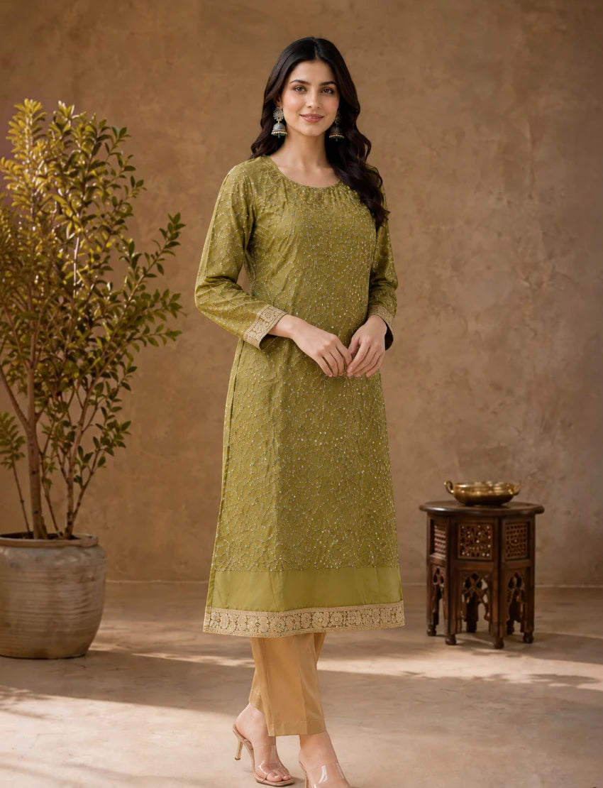 Olive Green Embroidered Long Sleeves Kurta Set