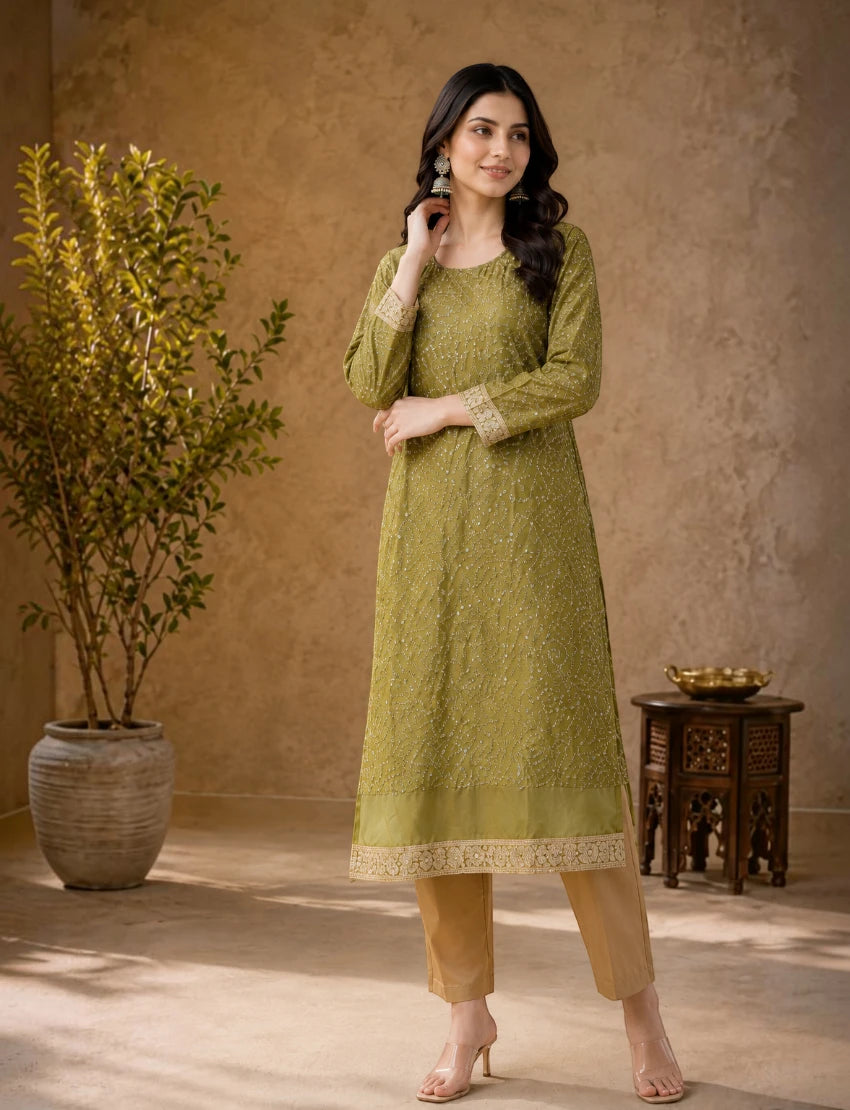 Olive Green Embroidered Long Sleeves Kurta Set