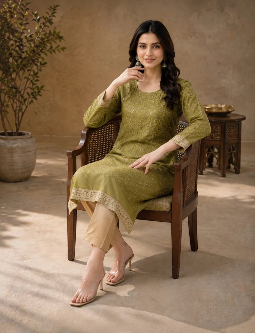 Olive Green Embroidered Long Sleeves Kurta Set