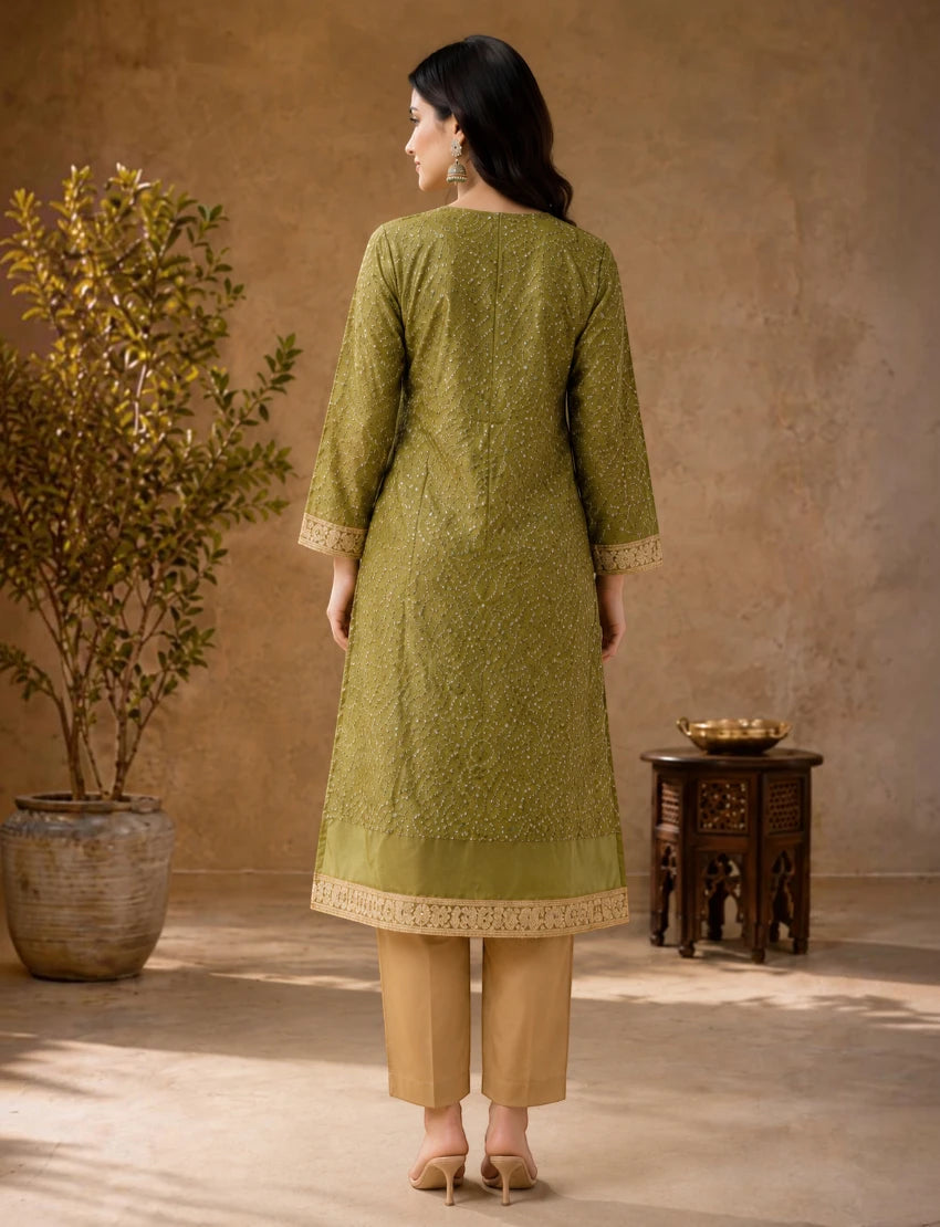 Olive Green Embroidered Long Sleeves Kurta Set