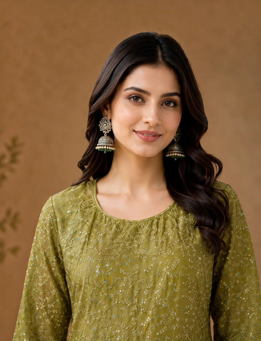 Olive Green Embroidered Long Sleeves Kurta Set